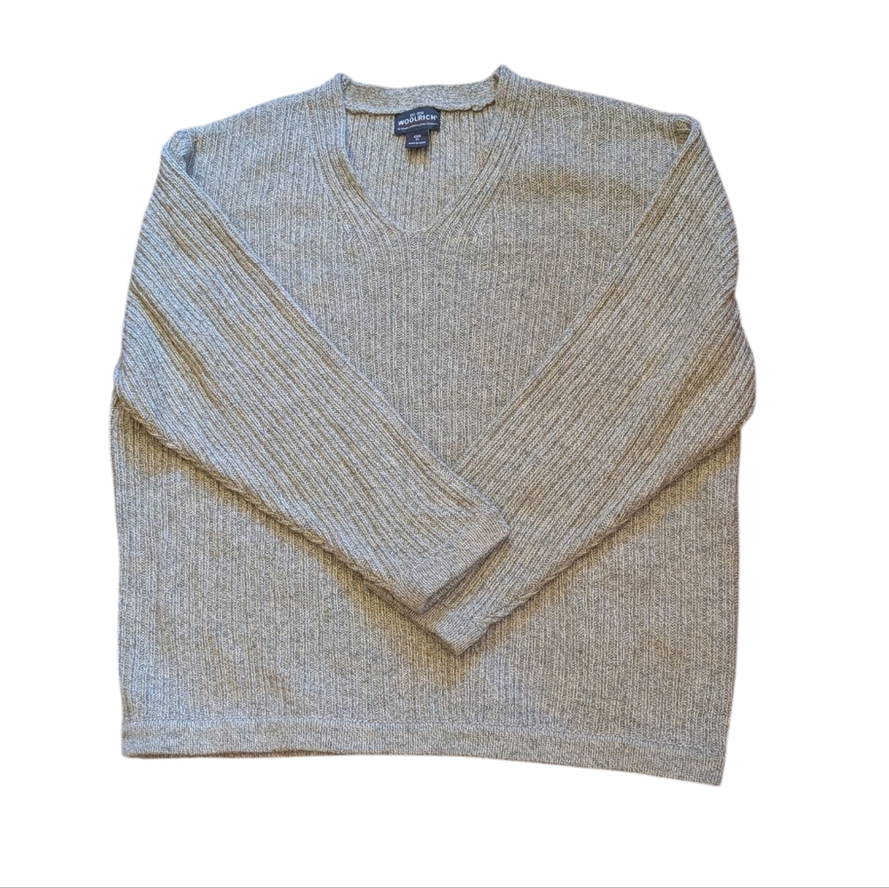 Woolrich Men's V-Neck Ribbed Sweater Tan Cotton Wool Winter XL Grandpacore Ski